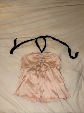 Ecote Blush Satin Halter Bandeau with Black Ties
